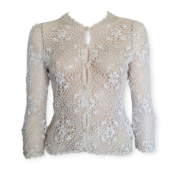 Vintage Sweaters - Vintage 60s Elegant Lace Crochet Cardigan Off-white Small